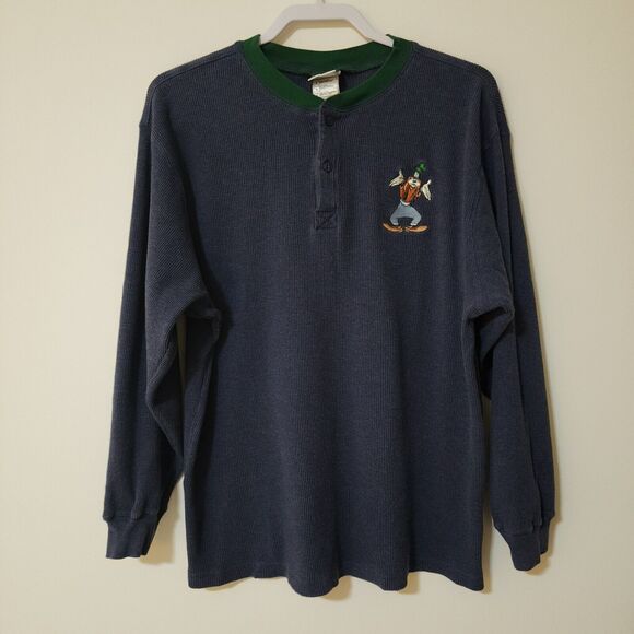 Disney Other - Disney Store Mens Cotton Henley Shirt M Embroidered Goofy Waffle Blue Green Trim